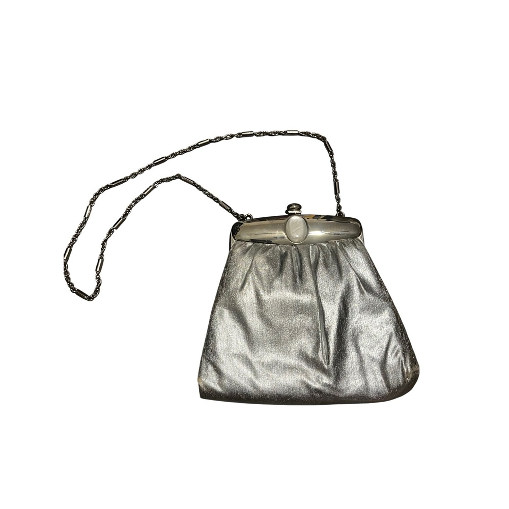 Metallic Clutch Bag Chain Strap Evening Party Silver Ande